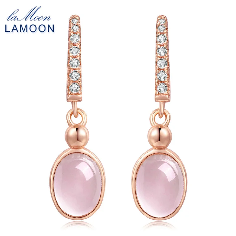 LAMOON Drop Earrings For Women 100% Natural Pink Rose Quartz S925 Sterling Silver Fine Jewelry Wedding Party Brincos EI006