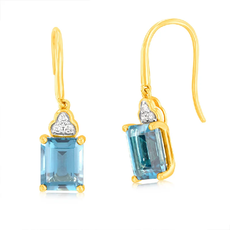 5.6Ct London Blue Topaz in 9X7mm Emerald Cut & 1/10Carat Diamond Drop Earrings in 9ct Yellow White Gold