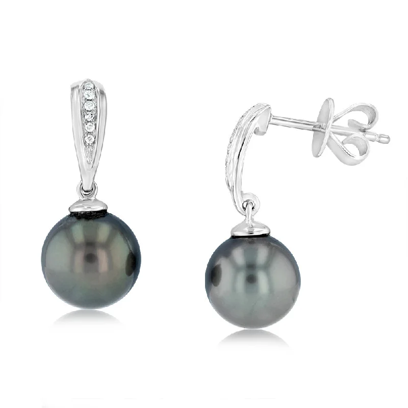 9ct White Gold Tahitian Pearl & Diamond  Drop Earrings