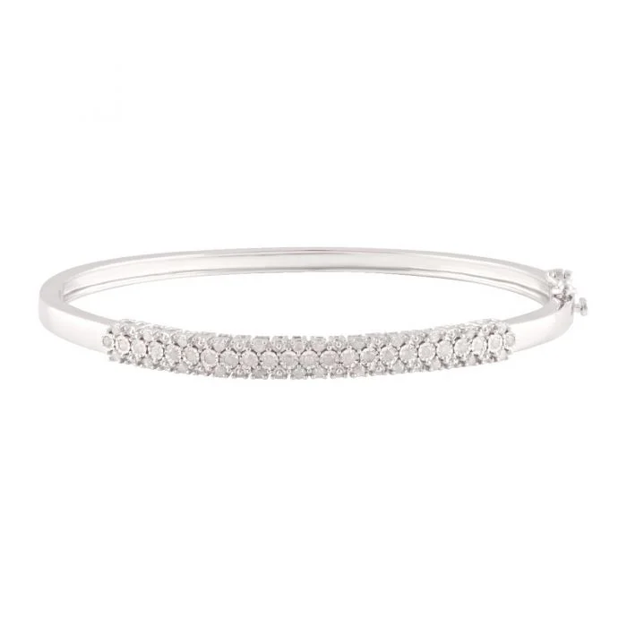 Sterling Silver 1/2 Carat Diamond 3 Row 60mm Hinge Bangle