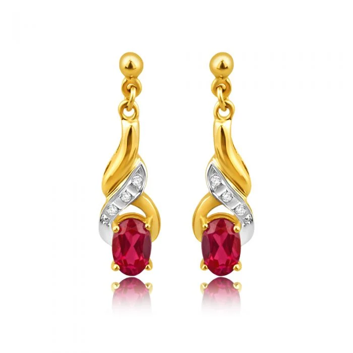 9ct Alluring Yellow Gold Created Ruby + Diamond Drop Earrings