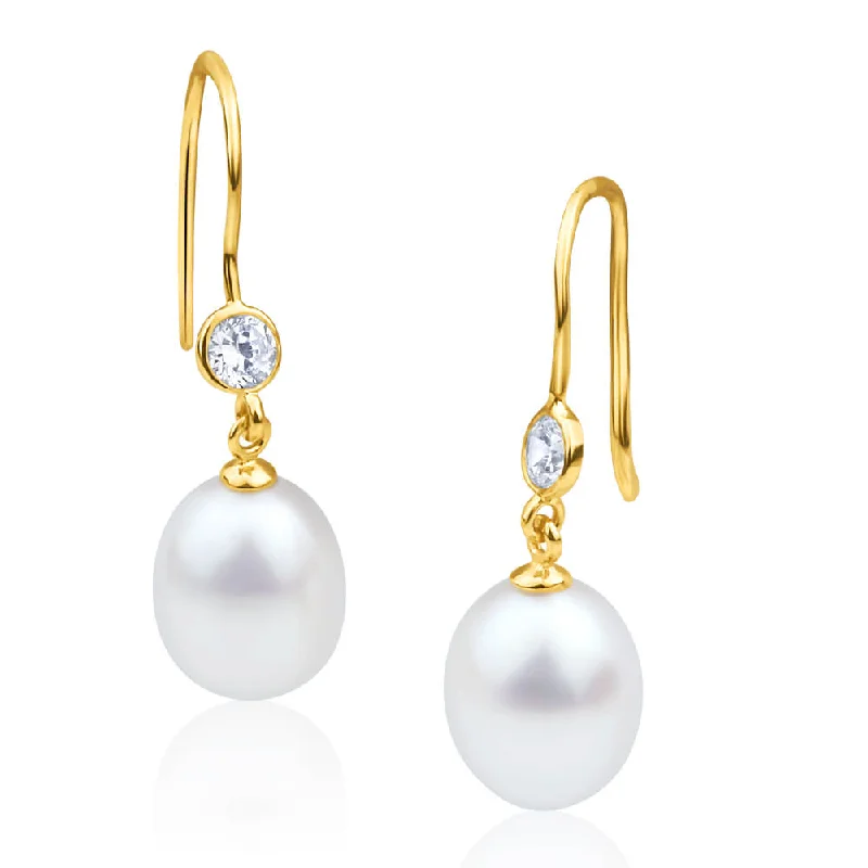 9ct Alluring Yellow Gold Freshwater Pearl and Cubic Zirconia Drop Earrings