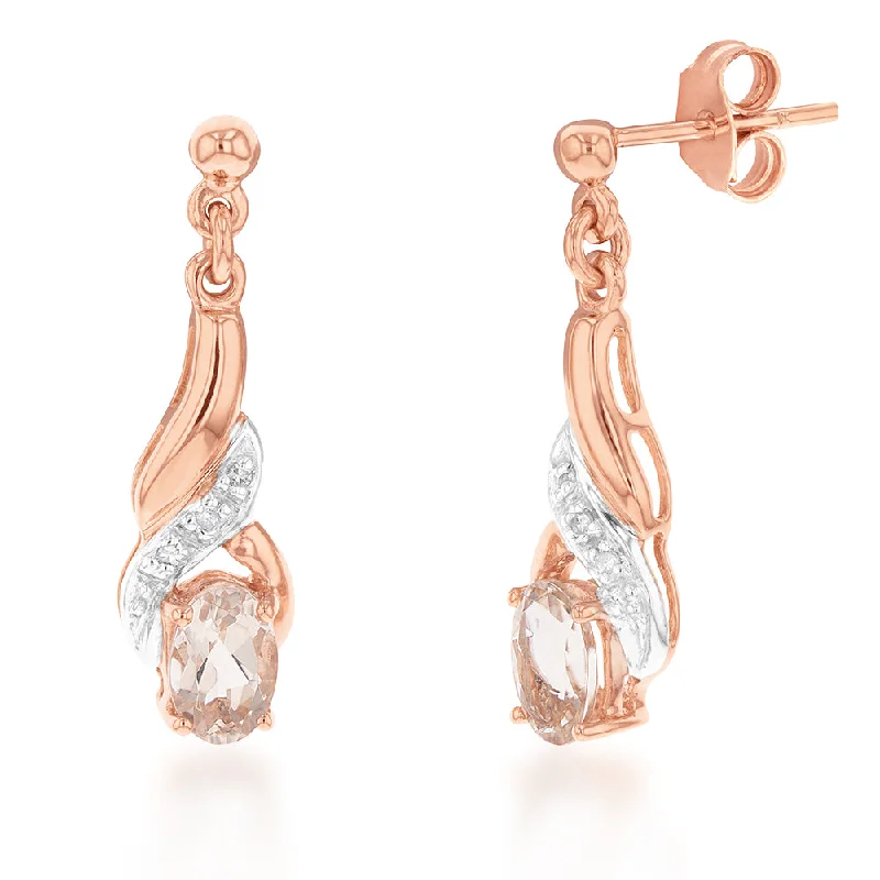 9ct Rose Gold Morganite and Diamond Oval Drop Earrings