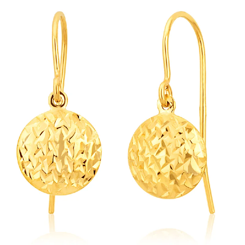 9ct Yellow Gold Double Sided Diamond Cut Disc Drop Earrings