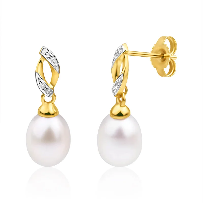 9ct Yellow Gold Freshwater Pearl and Diamond Drop Earrings