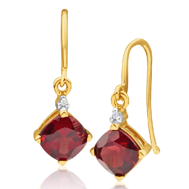 9ct Yellow Gold Garnet and Diamond Drop Earrings