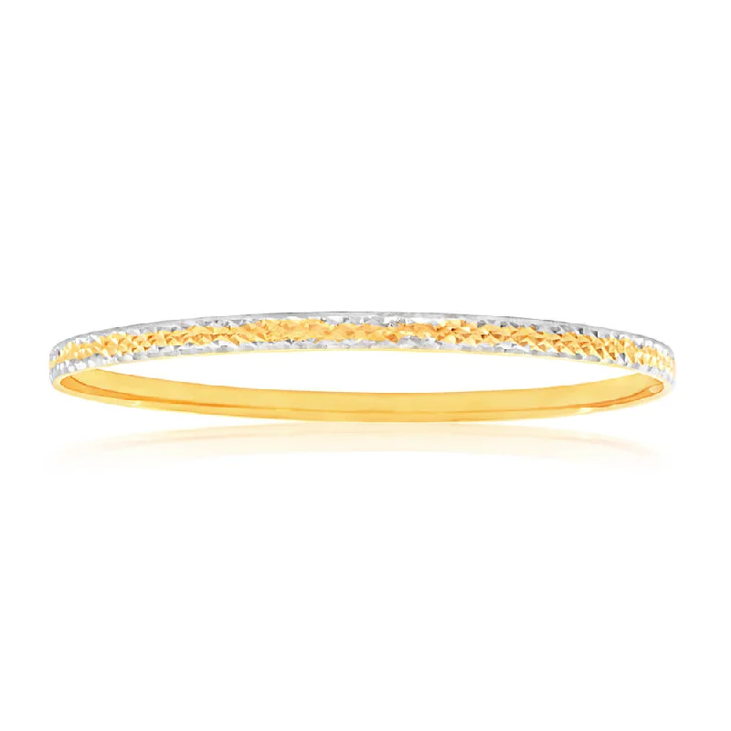 9ct Yellow Gold & Rhodium Gold Bangle with diamond cutting