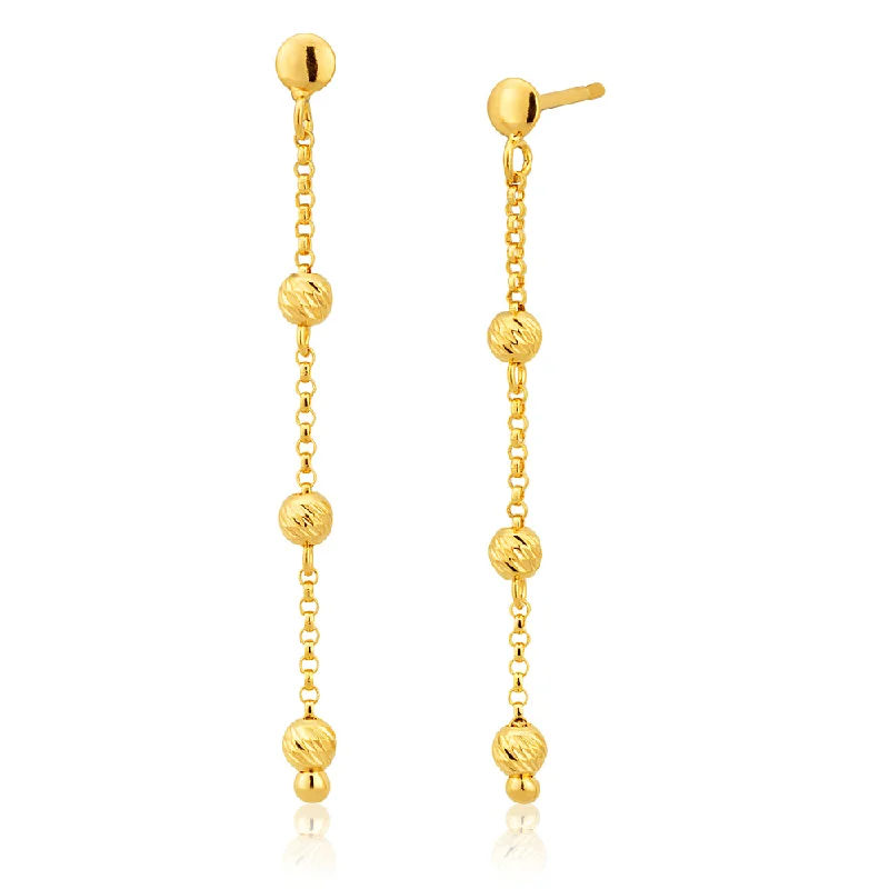 9ct Yellow Gold Silver Filled trio Beads Drop Earrings