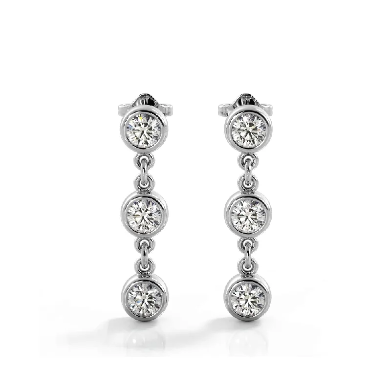 1.50 ctw. Bezel Set Diamond Drop Earrings Three Stone Style