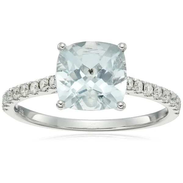 10k White Gold Aquamarine Cushion Diamond Solitaire Ring, Size 7 - Blue