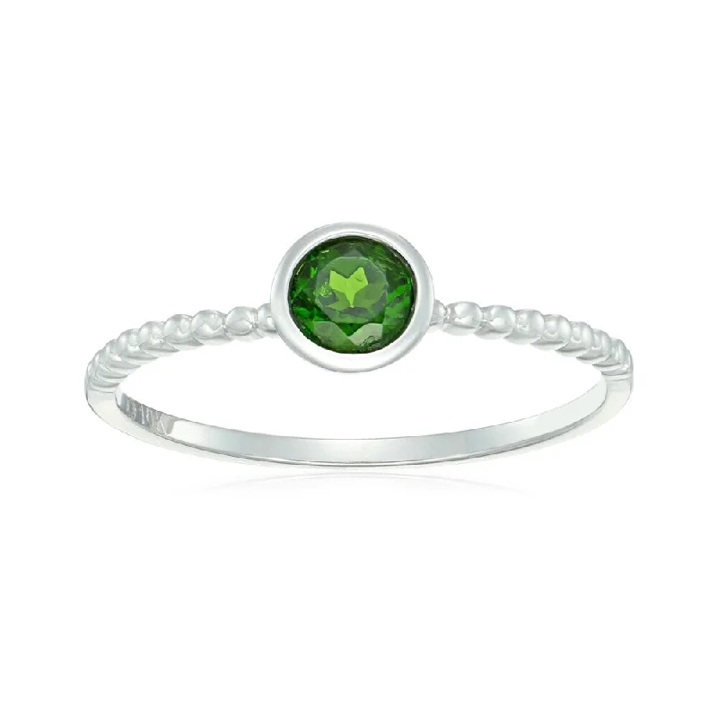 10k White Gold Chrome Diopside Solitaire Beaded Shank Stackable Ring, Size 7