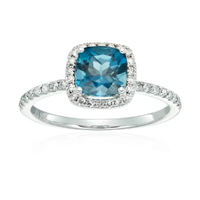 10k White Gold London Blue Topaz and Diamond Cushion Ring, Size 7