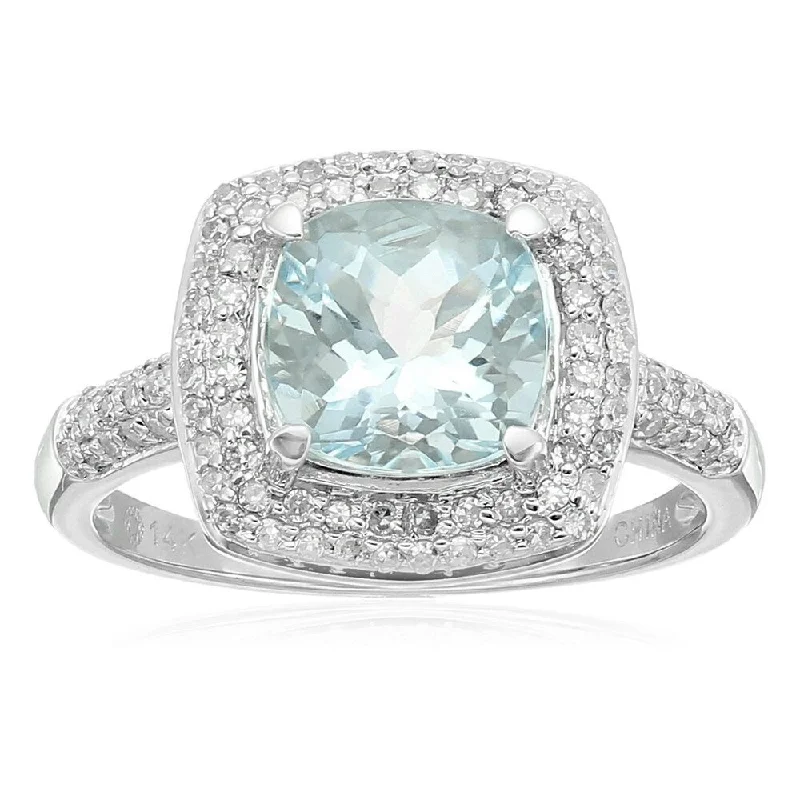 14k White Gold Aquamarine Cushion and Diamond Halo Ring, Size 7