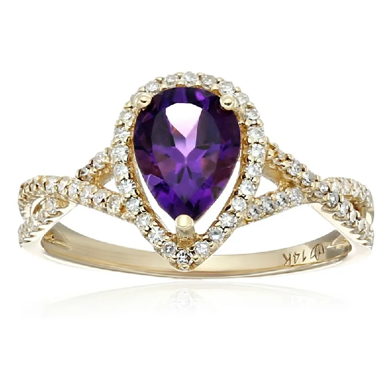 14k Yellow Gold African Amethyst and Diamond Solitaire Infinity Shank Engagement Ring , Size 7