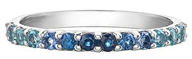 White Gold Aquamarine, Blue Sapphire, Blue Topaz, White Zircon Band.