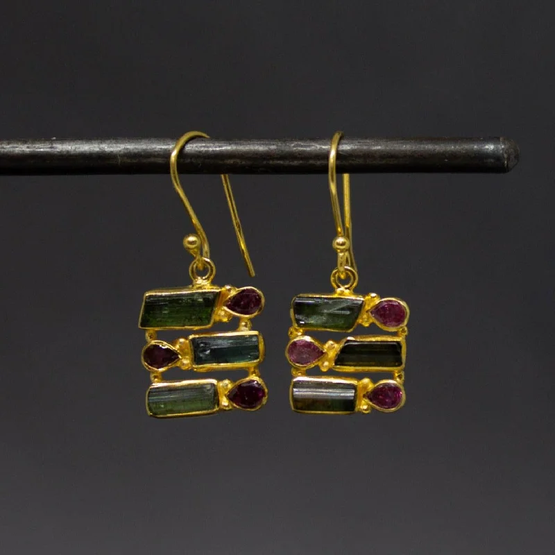 Gold and Tourmaline Square Drop Earrings