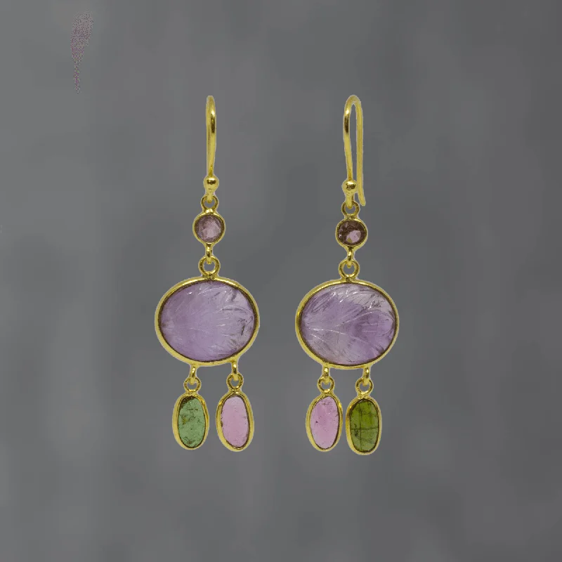 18ct Gold Vermeil Carved Amethyst and Tourmaline Earrings