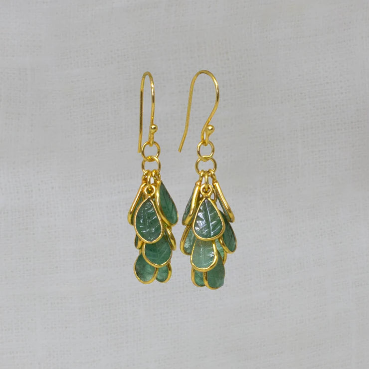 18ct Gold Vermeil Carved Emerald Cluster Drop Earrings