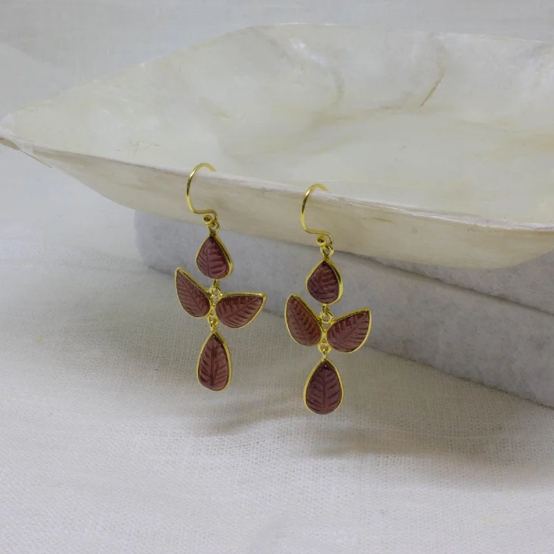 18ct Gold Vermeil Carved Garnet Leaf Drop Earrings