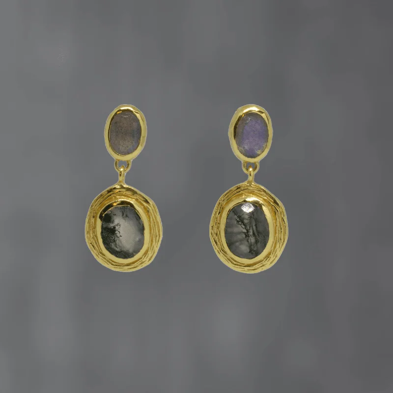 Gold Moss Agate and Labradorite Drop Earrings