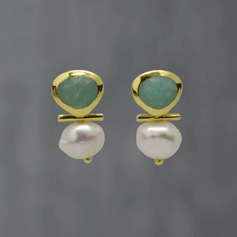 Gold Pearl and Amazonite Bar Stud Earrings