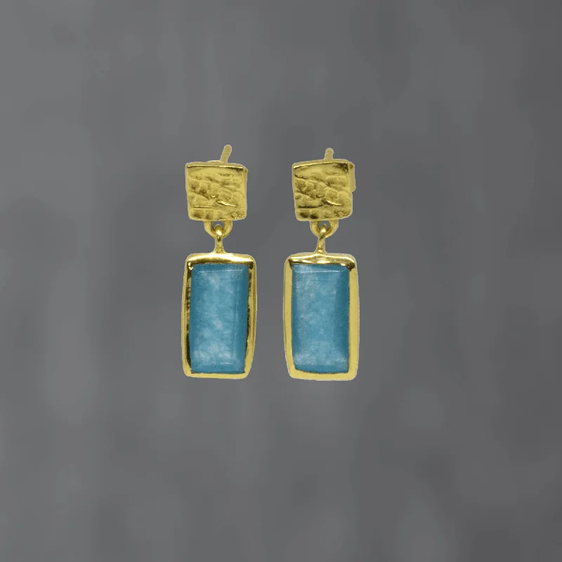 Gold Textured Blue Jade Rectangle Stud Drop Earrings