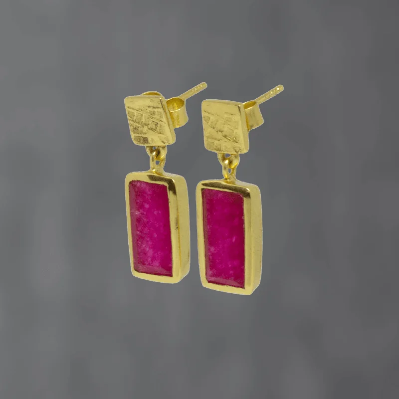 Gold Textured Pink Jade Rectangle Stud Drop Earrings