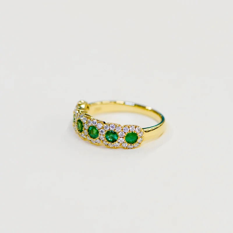 18K Gold Six Stone Emerald and Diamond Ring