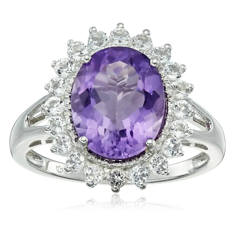 925 Sterling Silver African Amethyst and White Topaz Ring