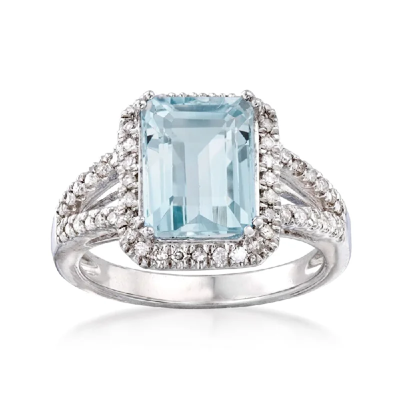 925 Sterling Silver Aquamarine and Diamond Gemstone Solitaire Ring