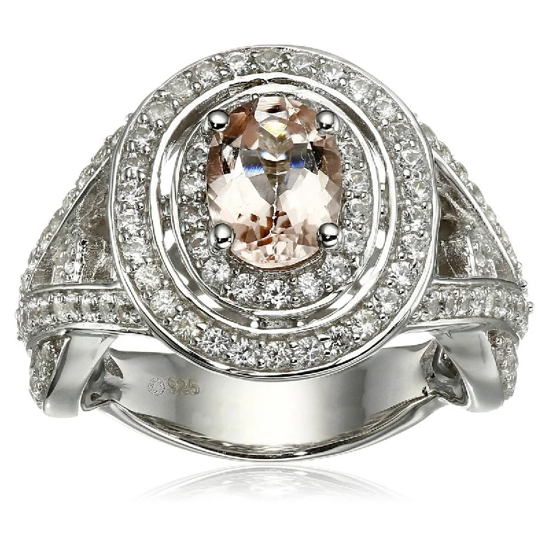 925 Sterling Silver Morganite and White Natural Zircon Ring