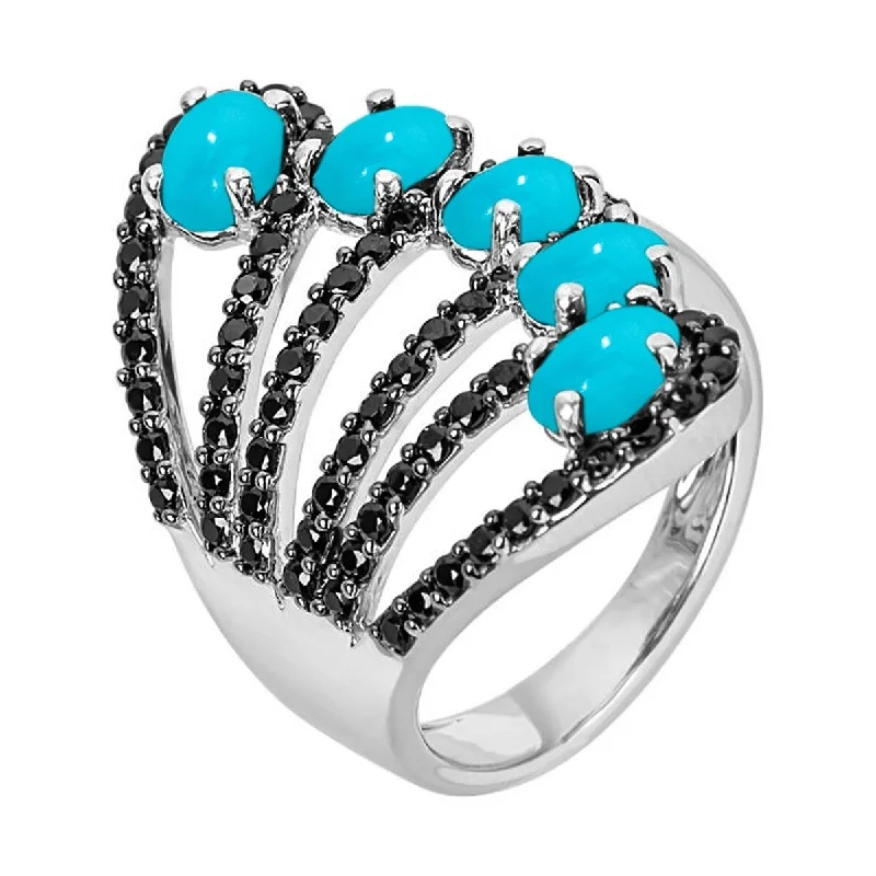 925 Sterling Silver Sleeping Beauty Turquoise And Black Spinel Ring