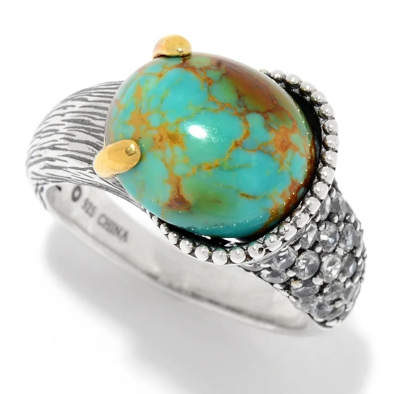 925 Sterling Silver White Natural Zircon and Tyrone Turquoise Ring