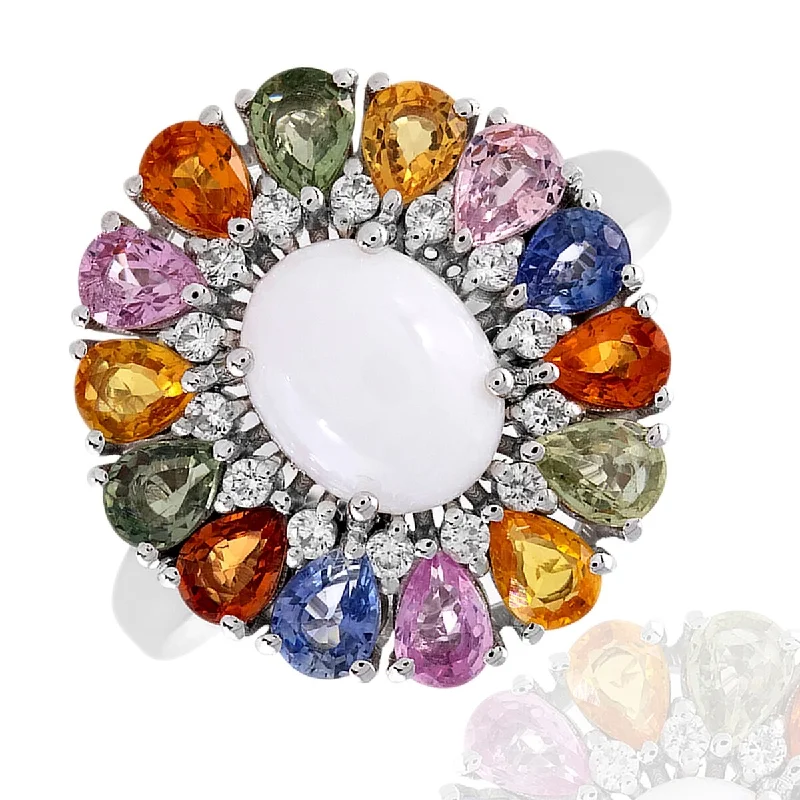 925 Sterling Silver White Opal And Multi Gemstone Flower Ring