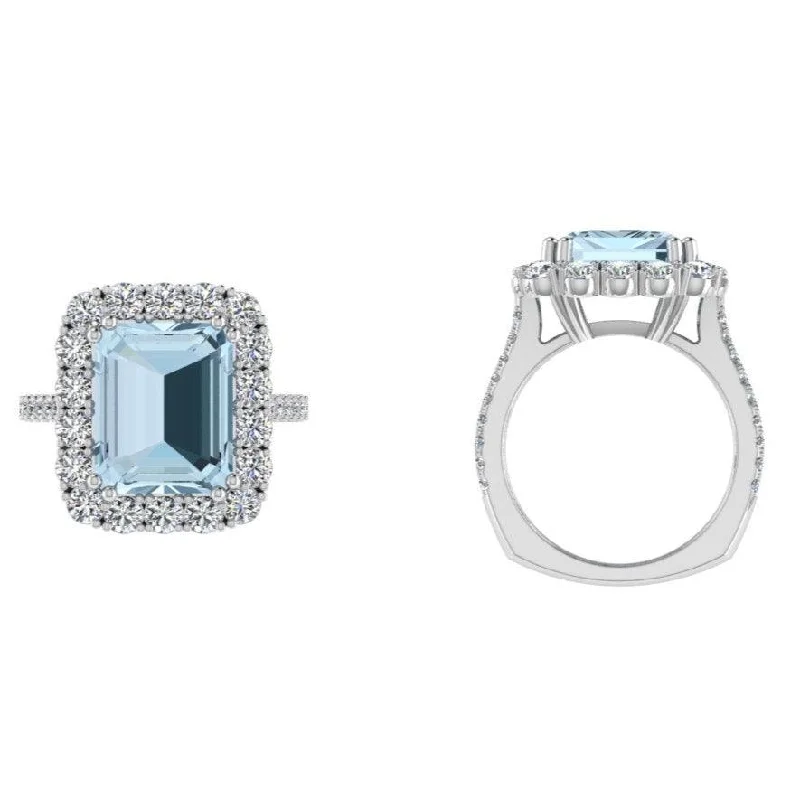 Aquamarine and Diamond Halo Ring 14K Gold