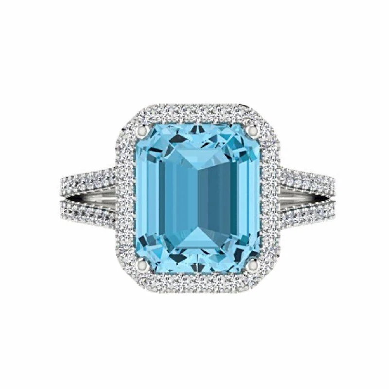 Blue Topaz Diamond Halo Ring 14K Gold