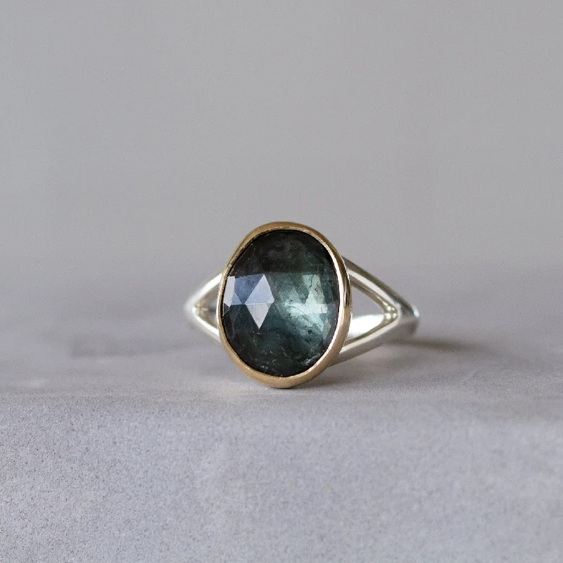 Blue Tourmaline Sterling Silver and 14K Yellow Gold Cleo Split Shank Ring