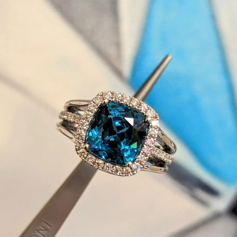 Blue Zircon Cushion Halo Ring