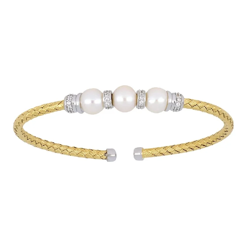 CHARLES GARNIER Sterling Silver Yellow Gold Plated Bangle White Pearl Round Cubic Zirconia