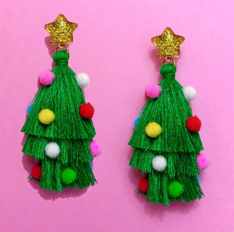 Christmas Tree Tassel Pom Pom Drop Earrings