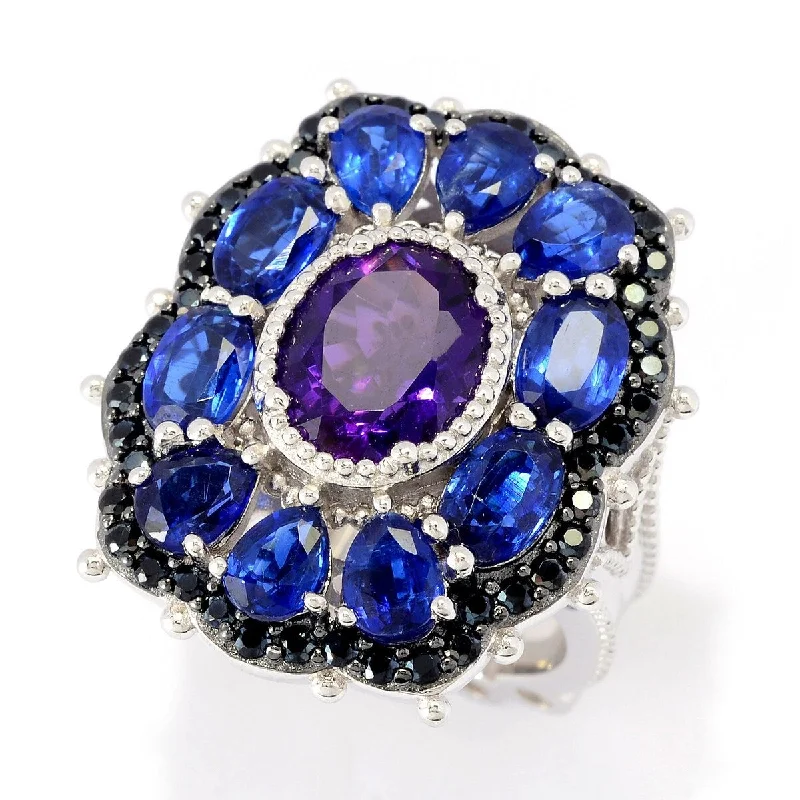 Dallas Prince Sterling Silver 7.56ctw African Amethyst, Kyanite & Black Spinel Cluster Ring