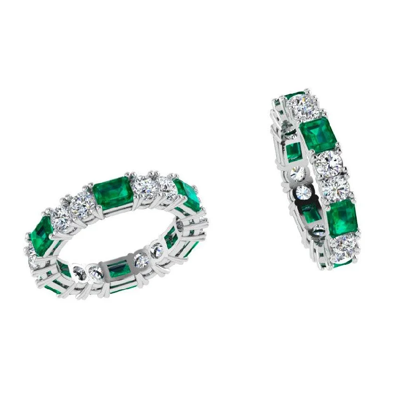 Emerald and Diamond Eternity Ring Band 18K White Gold