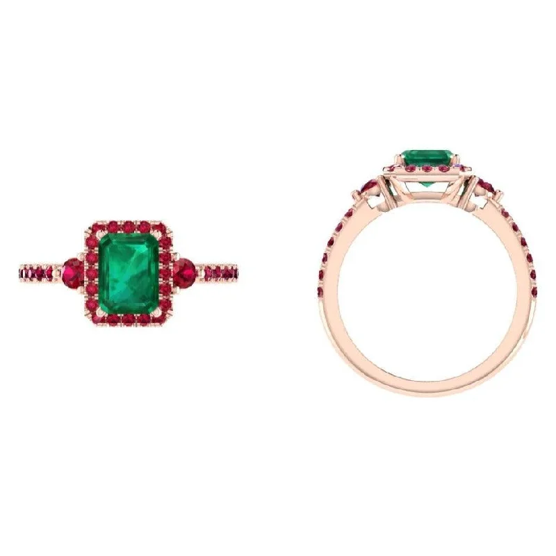 Emerald cut Emerald and Ruby Halo Ring