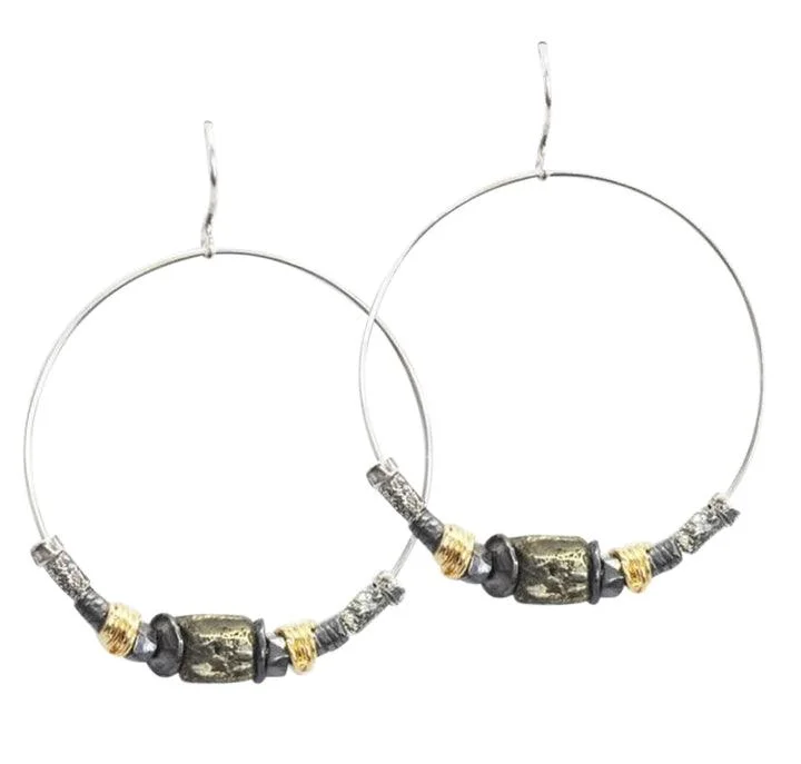 Gold and Silver Multi Element Hoop Drop Earrings