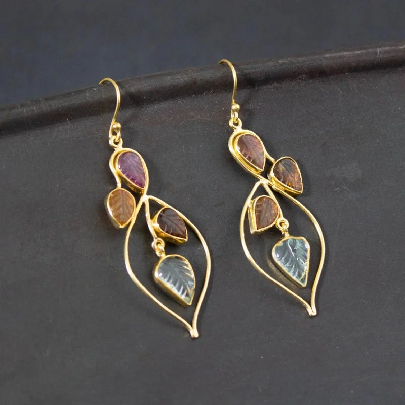 Gold Carved Tourmaline Art Nouveau Drop Earrings