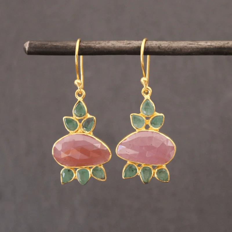 Gold Pink Sapphire and Emerald Pomegranate Drop Earrings