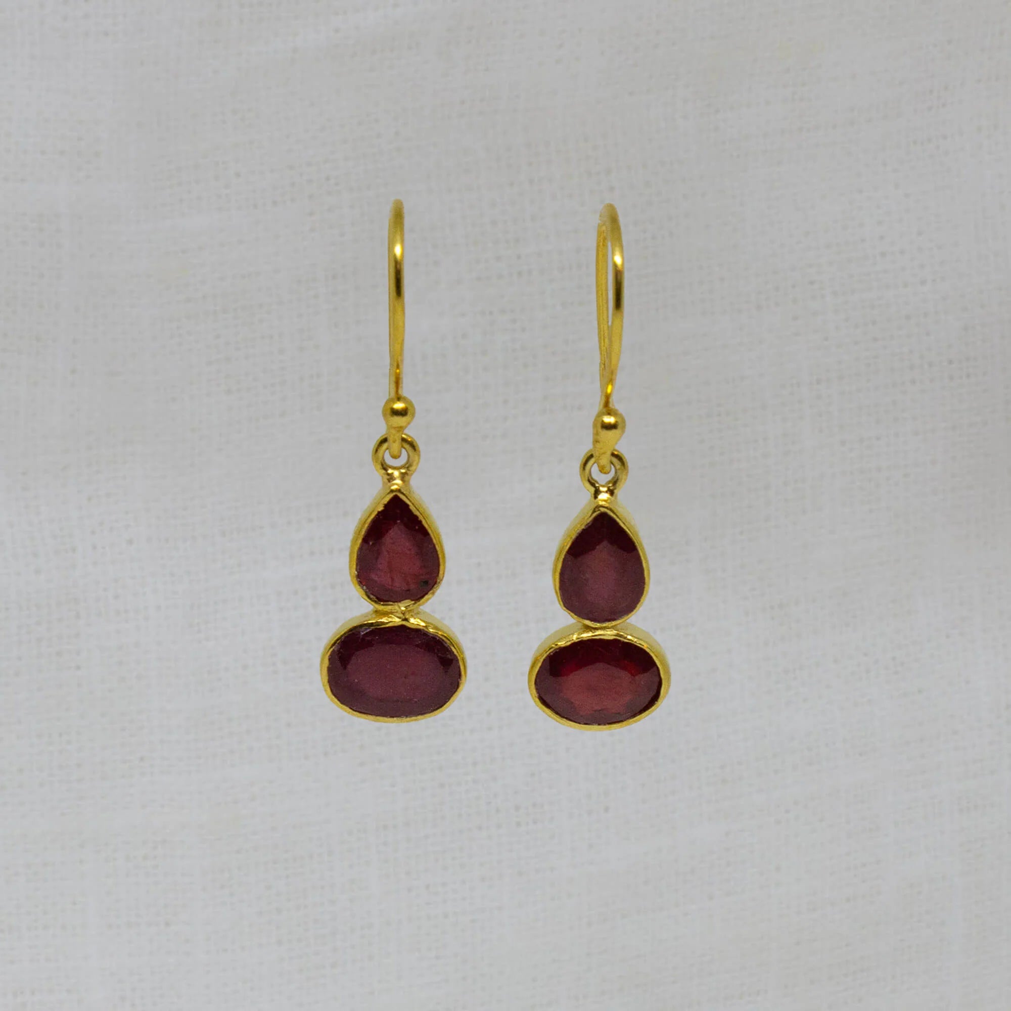 Gold Teardrop and Oval Ruby Drop Earrings