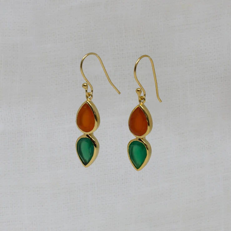 Gold Vermeil Carnelian and Green Onyx Teardrop Earrings