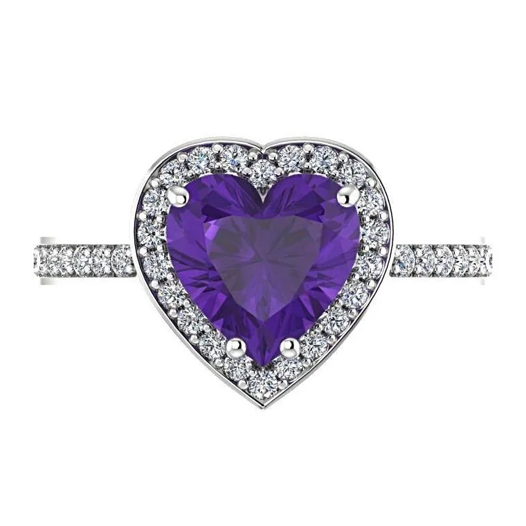 Heart Shaped Amethyst Halo Diamond Ring 14K White Gold