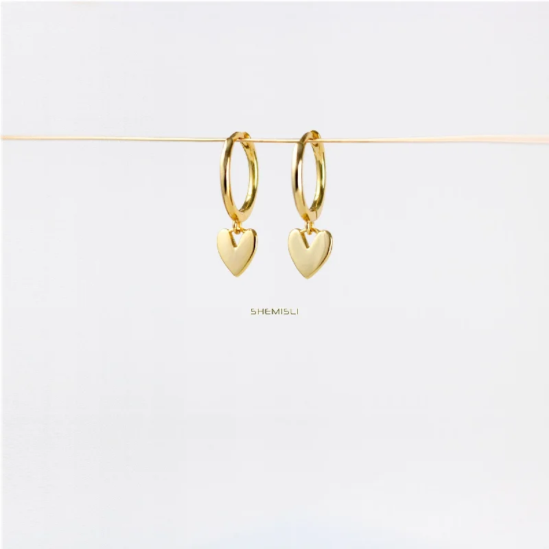 Heart Tag Drop Dangle Hoop Earrings, Huggies, Unisex, Gold, Silver SHEMISLI SH084